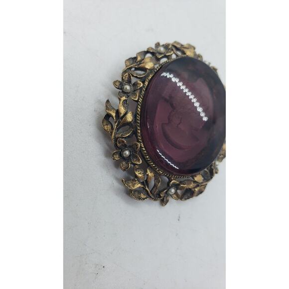 Vintage Purple Glass Reverse Carved Intaglio Cameo Brooch Pendant Oval Victorian - Picture 4 of 7